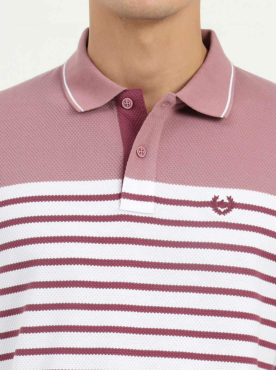 White & Mauve Striped Slim Fit Polo T-Shirt | Greenfibre