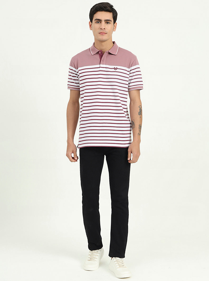 White & Mauve Striped Slim Fit Polo T-Shirt | Greenfibre