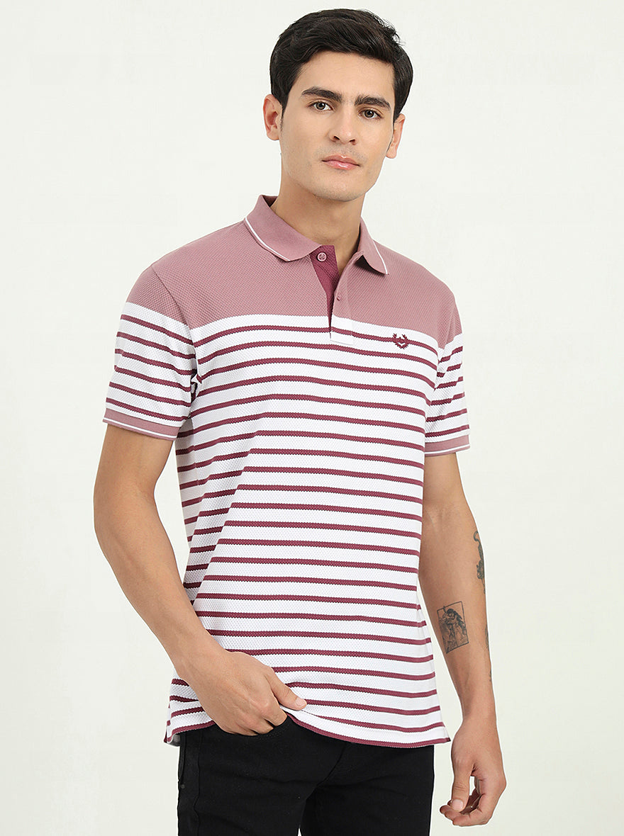White & Mauve Striped Slim Fit Polo T-Shirt | Greenfibre