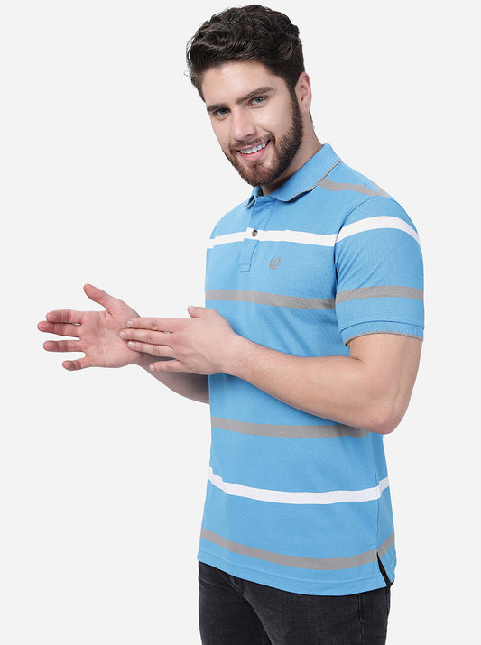 Blue & Grey Striped Slim Fit Polo T-Shirt | Greenfibre