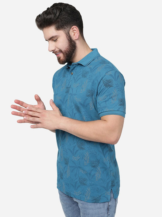 Blue Printed Slim Fit Polo T-Shirt | Greenfibre