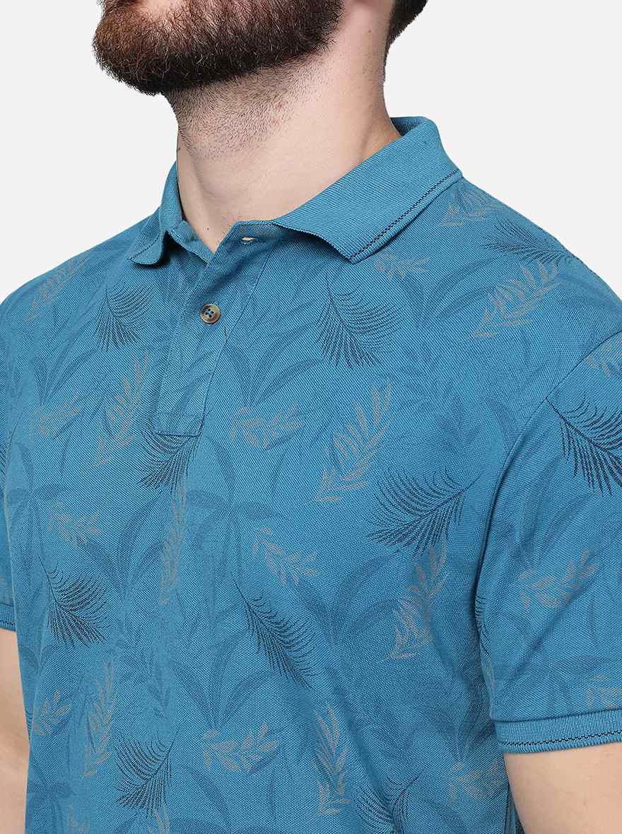 Blue Printed Slim Fit Polo T-Shirt | Greenfibre