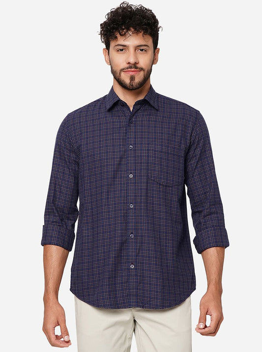 Navy Blue Checked Smart Fit Semi Casual Shirt | Greenfibre