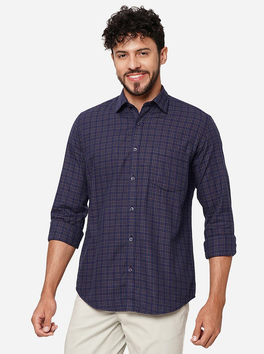 Navy Blue Checked Smart Fit Semi Casual Shirt | Greenfibre