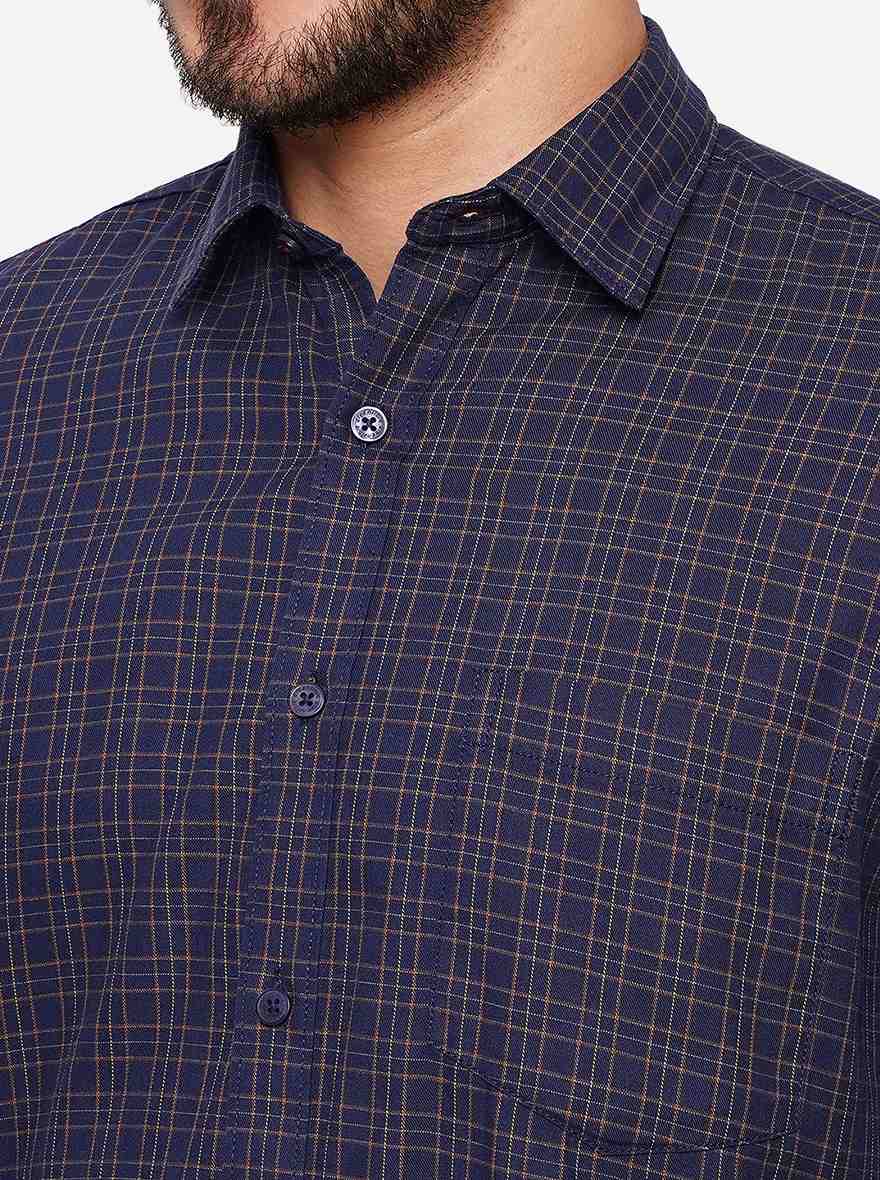 Navy Blue Checked Smart Fit Semi Casual Shirt | Greenfibre