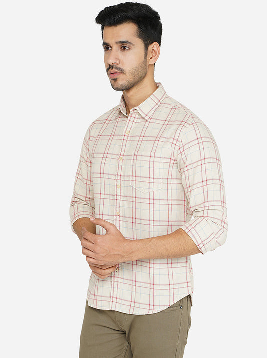 Beige Checked Slim Fit Semi Casual Shirt | Greenfibre