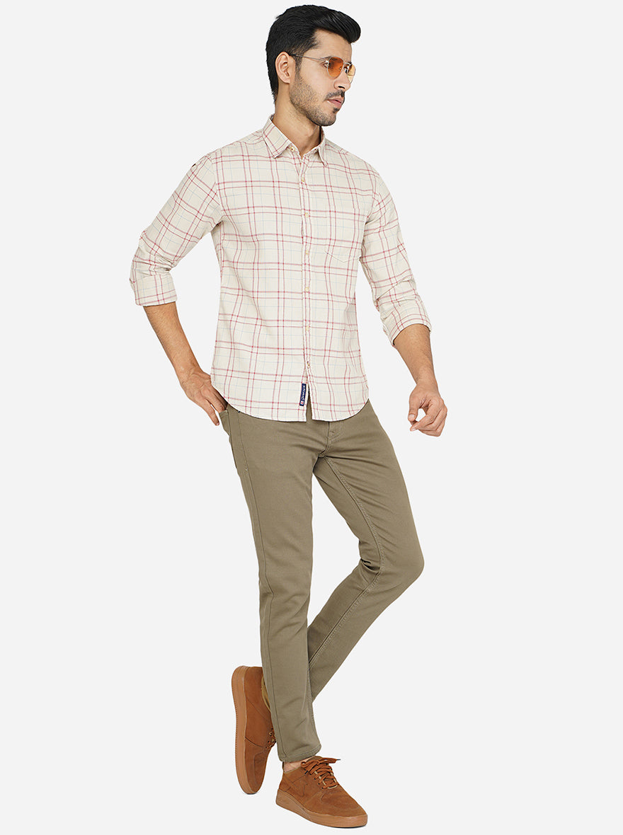 Beige Checked Slim Fit Semi Casual Shirt | Greenfibre