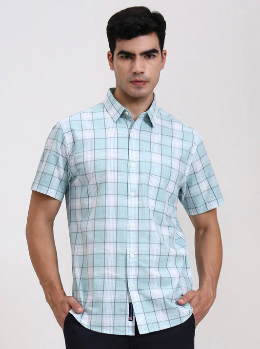 White & Blue Checked Slim Fit Casual Shirt | Greenfibre