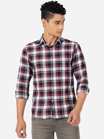 Aurora Red Checked Slim Fit Casual Shirt | Greenfibre