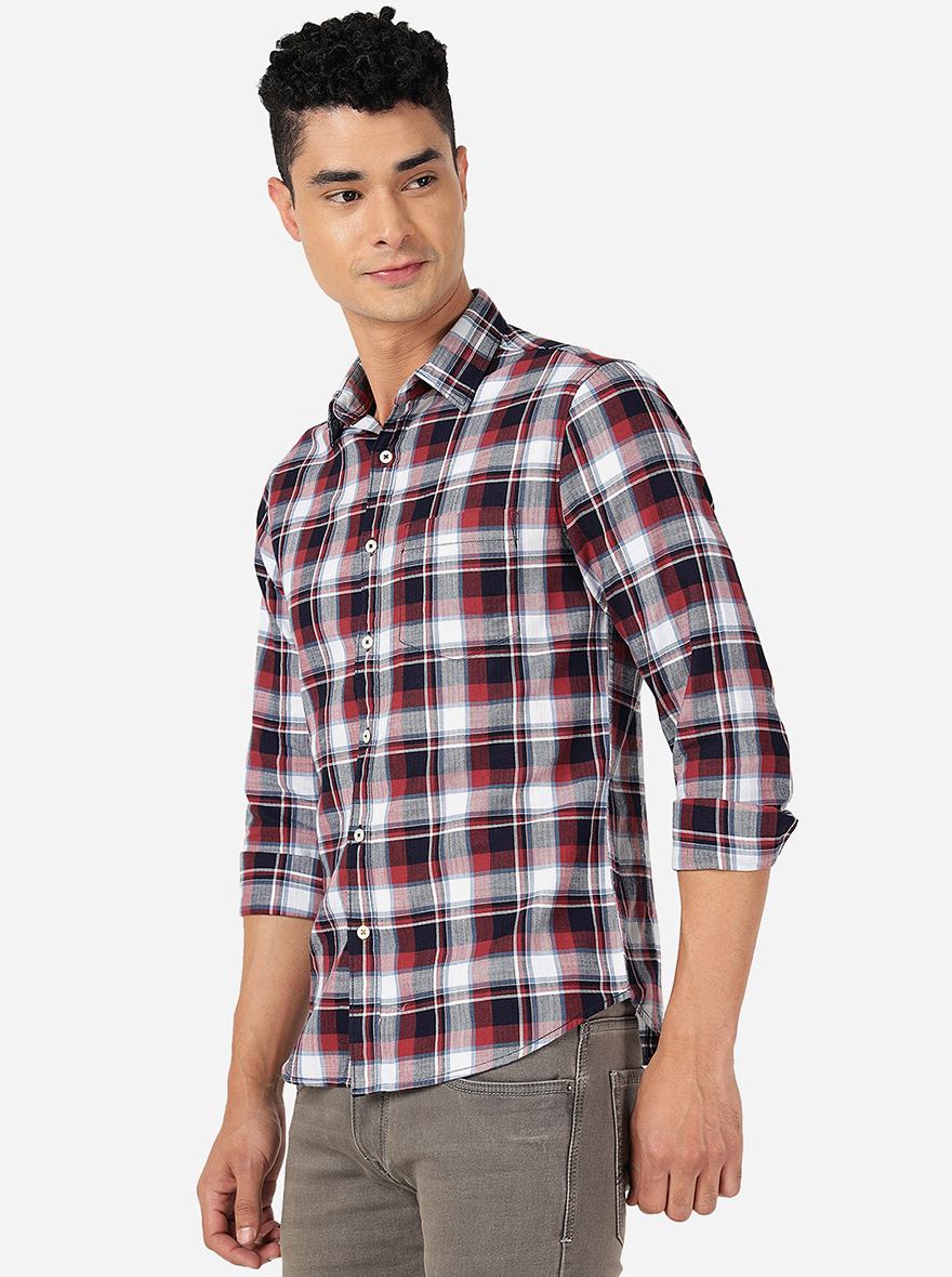 Aurora Red Checked Slim Fit Casual Shirt | Greenfibre