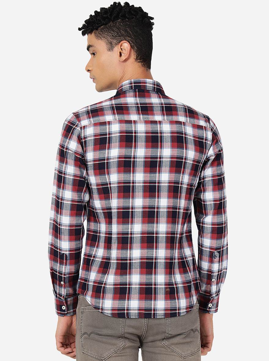 Aurora Red Checked Slim Fit Casual Shirt | Greenfibre