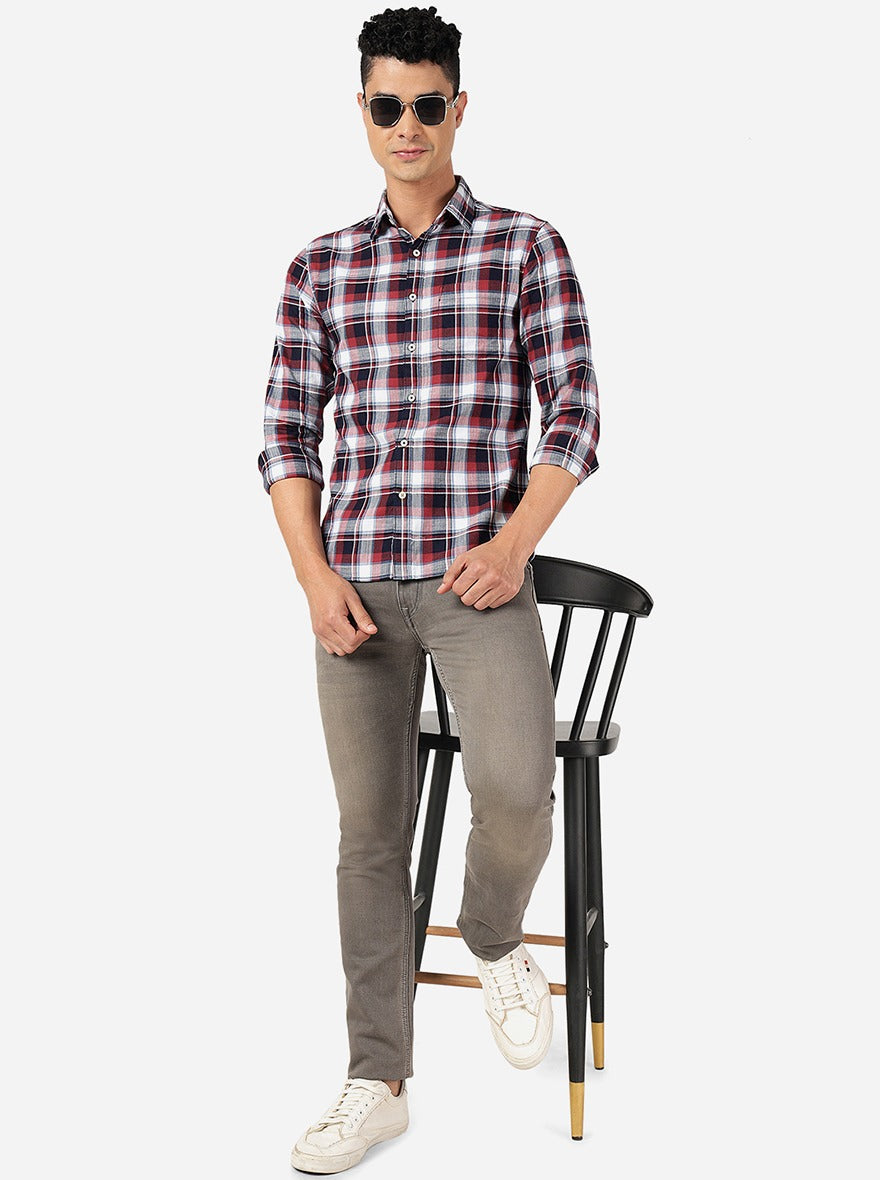 Aurora Red Checked Slim Fit Casual Shirt | Greenfibre