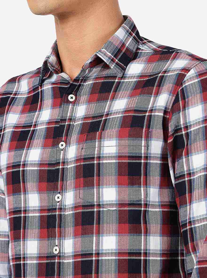 Aurora Red Checked Slim Fit Casual Shirt | Greenfibre