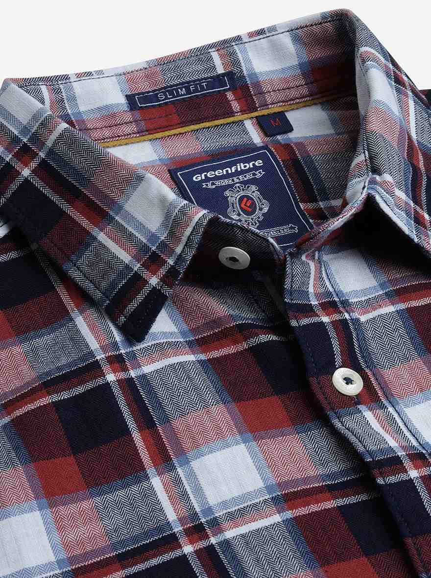 Aurora Red Checked Slim Fit Casual Shirt | Greenfibre