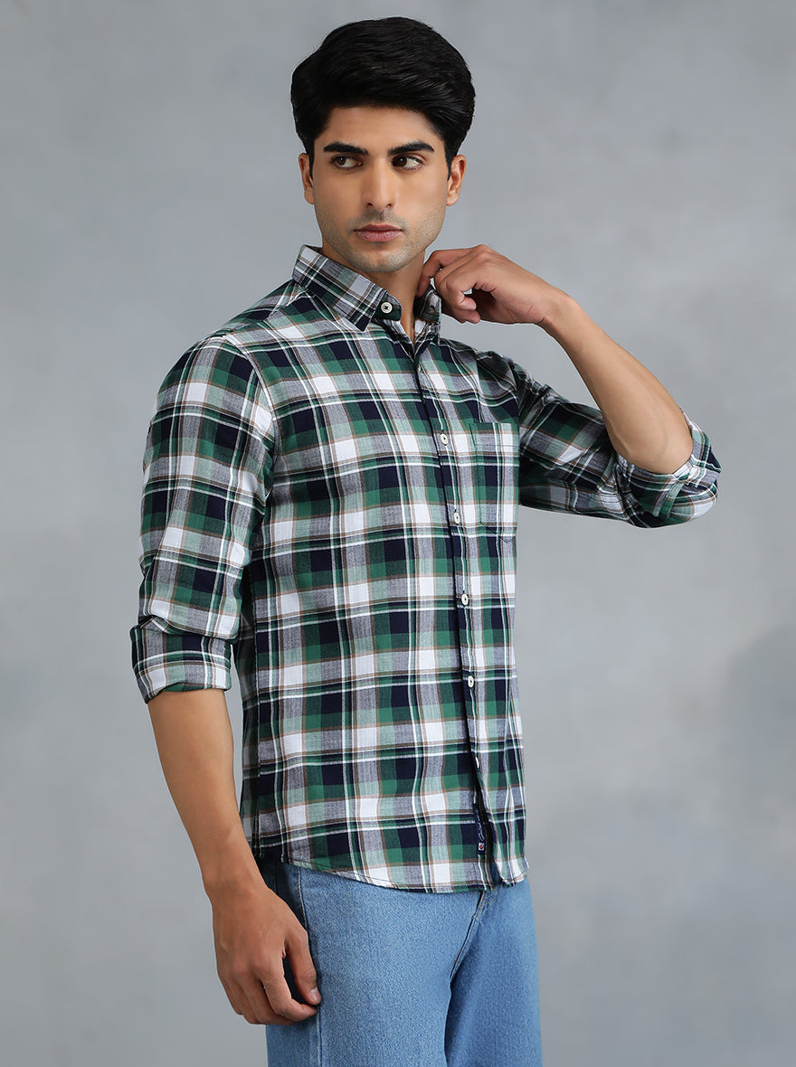 Green Checked Slim Fit Casual Shirt | Greenfibre