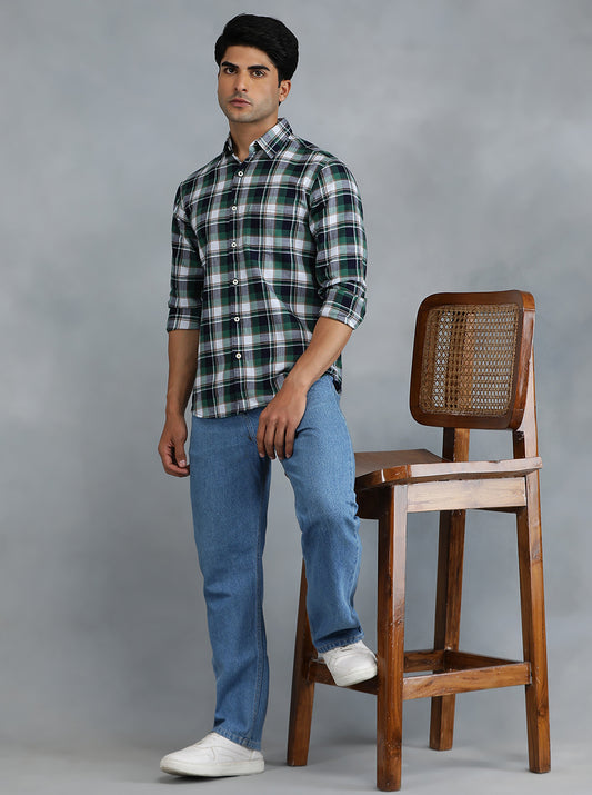Green Checked Slim Fit Casual Shirt | Greenfibre