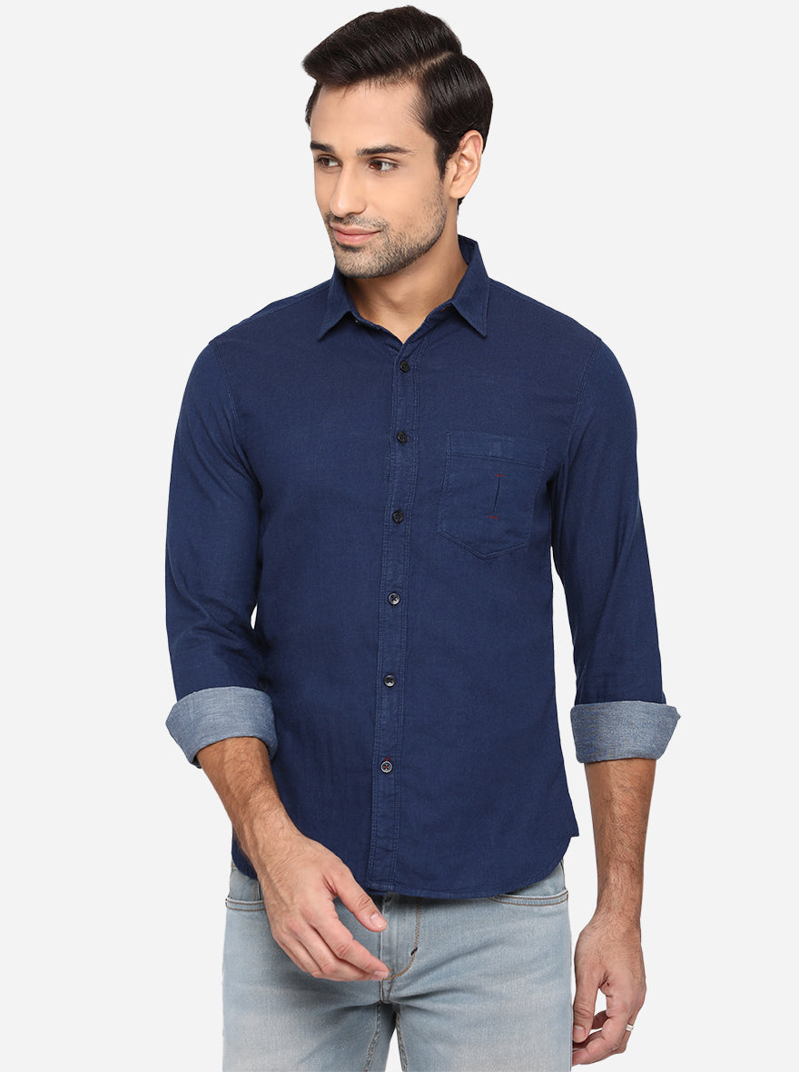 Denim Blue Solid Slim Fit Semi Casual Shirt Greenfibre