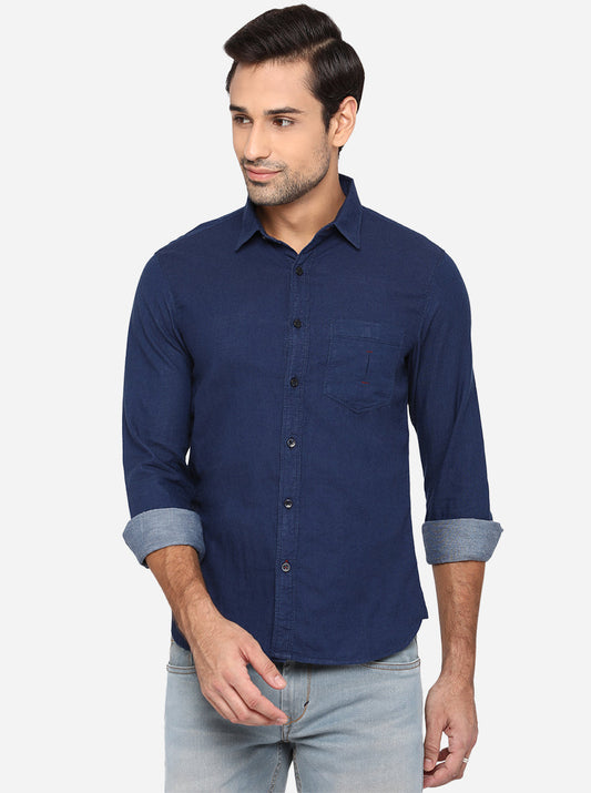 Denim Blue Solid Slim Fit Semi Casual Shirt | Greenfibre