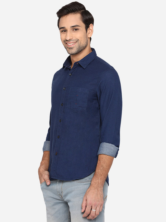 Denim Blue Solid Slim Fit Semi Casual Shirt | Greenfibre