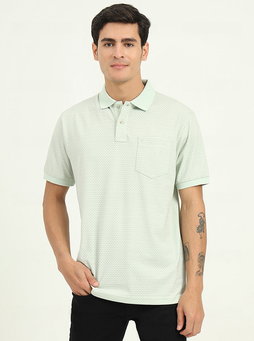 Mist Green Printed Regular Fit Polo T-Shirt | Greenfibre