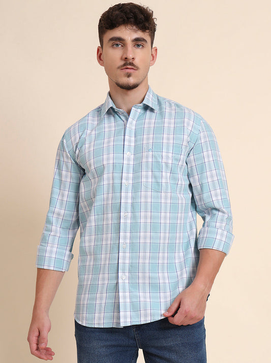 Aqua Blue Checked Smart Fit Semi Casual Shirt | Greenfibre