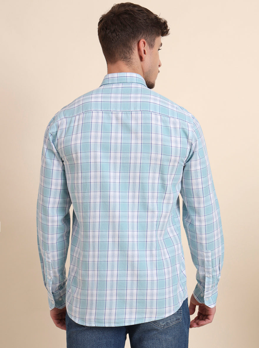 Aqua Blue Checked Smart Fit Semi Casual Shirt | Greenfibre
