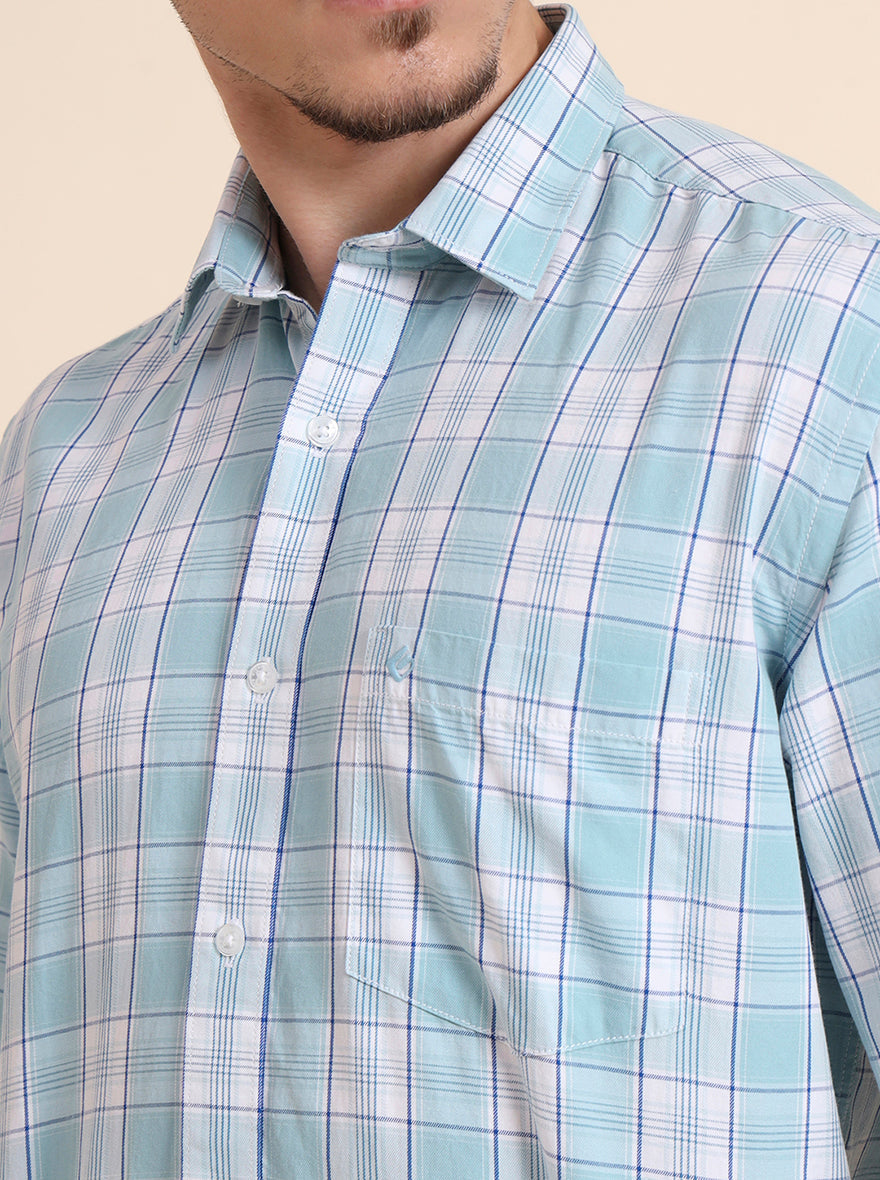 Aqua Blue Checked Smart Fit Semi Casual Shirt | Greenfibre