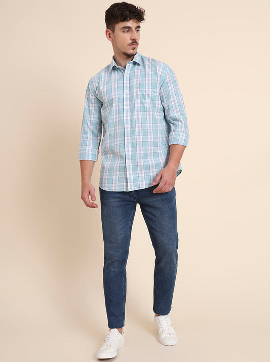Aqua Blue Checked Smart Fit Semi Casual Shirt | Greenfibre