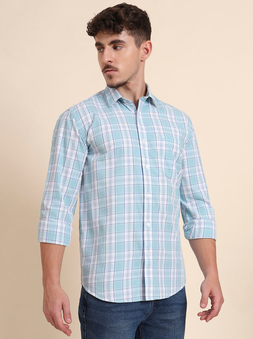 Aqua Blue Checked Smart Fit Semi Casual Shirt | Greenfibre