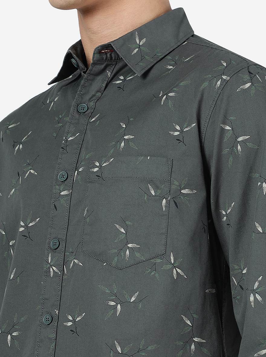 Duffel Green Printed Slim Fit Casual Shirt | Greenfibre