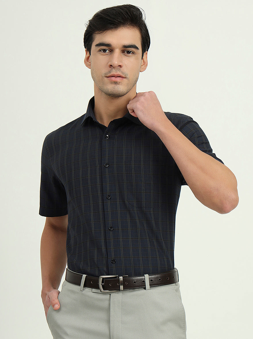 Dark Blue & Green Checked Regular Fit Formal Shirt | Greenfire