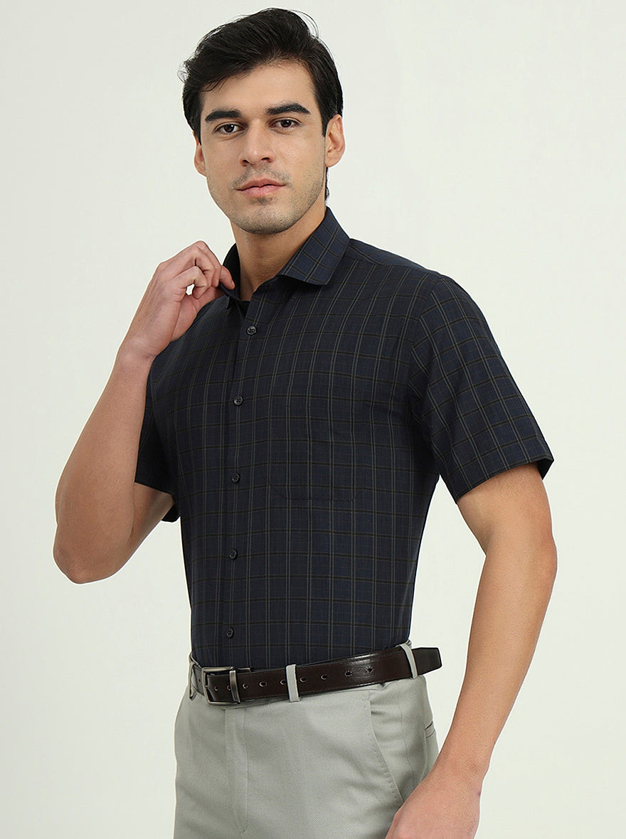 Dark Blue & Green Checked Regular Fit Formal Shirt | Greenfire