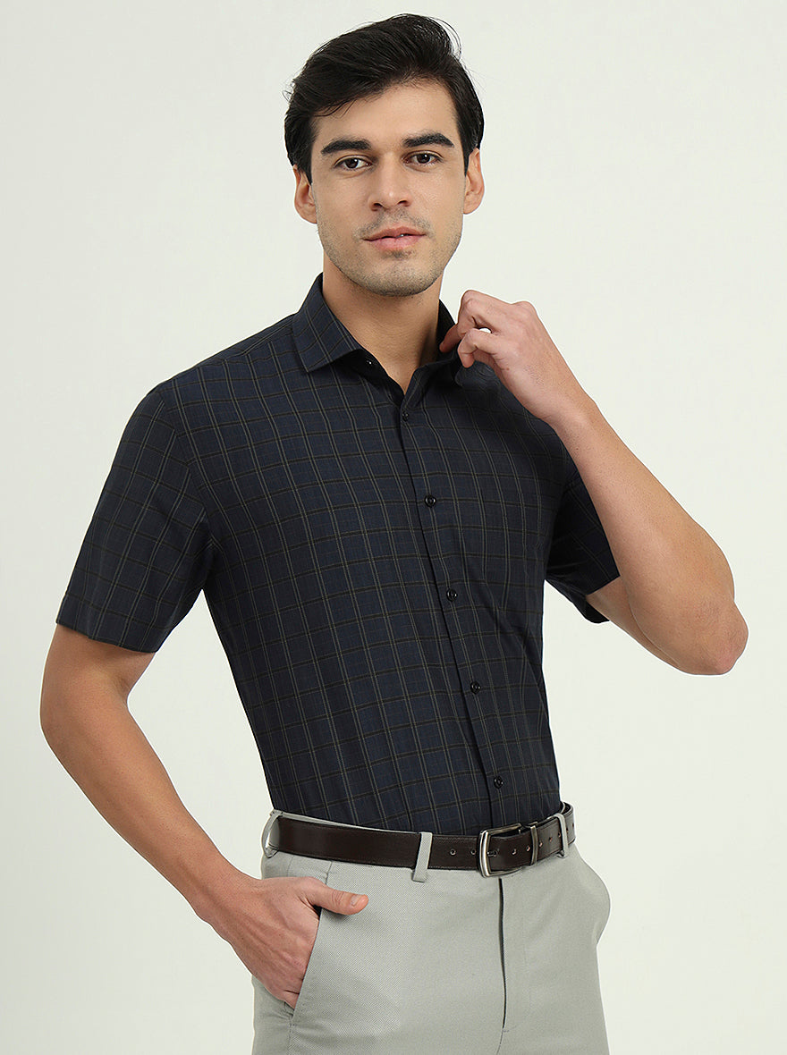 Dark Blue & Green Checked Regular Fit Formal Shirt | Greenfire