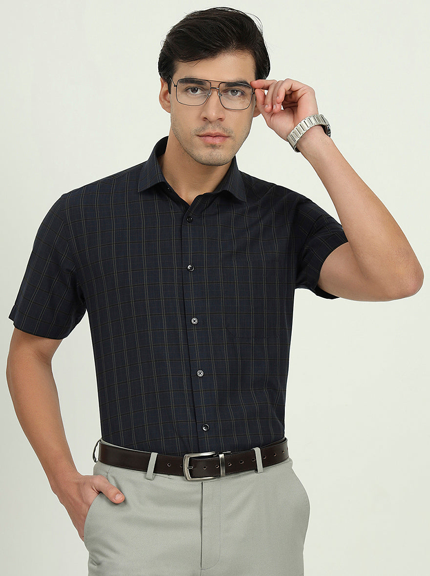 Dark Blue & Green Checked Regular Fit Formal Shirt | Greenfire