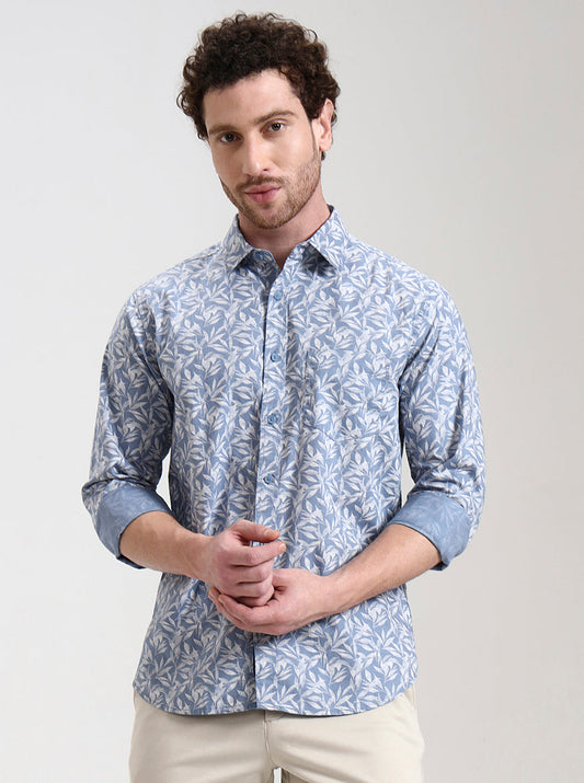 Blue Printed Slim Fit Casual Shirt | Greenfibre