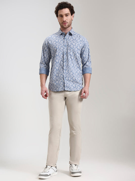 Blue Printed Slim Fit Casual Shirt | Greenfibre