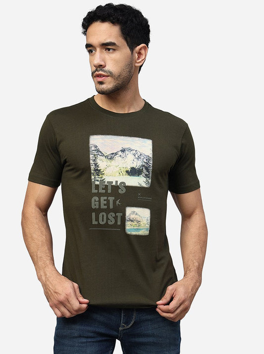 Olive Green Printed Slim Fit T-Shirt | Greenfibre