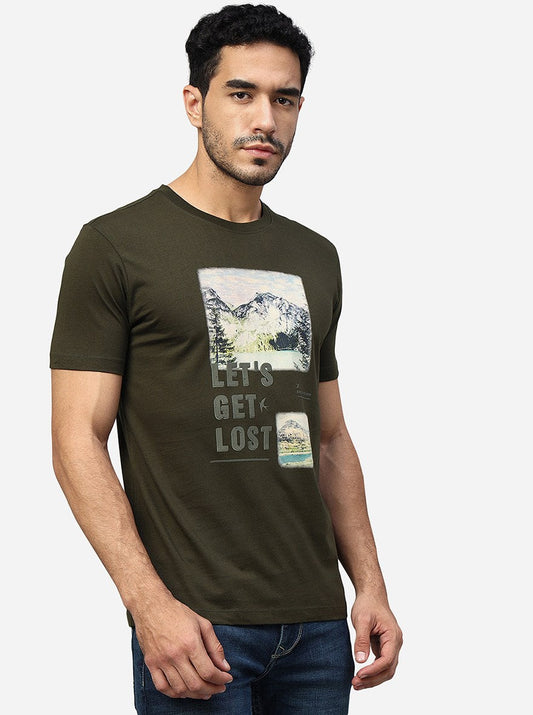 Olive Green Printed Slim Fit T-Shirt | Greenfibre