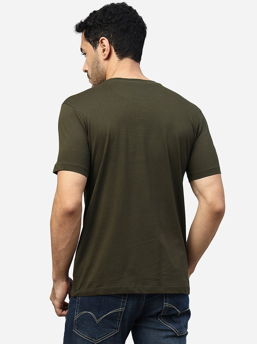 Olive Green Printed Slim Fit T-Shirt | Greenfibre