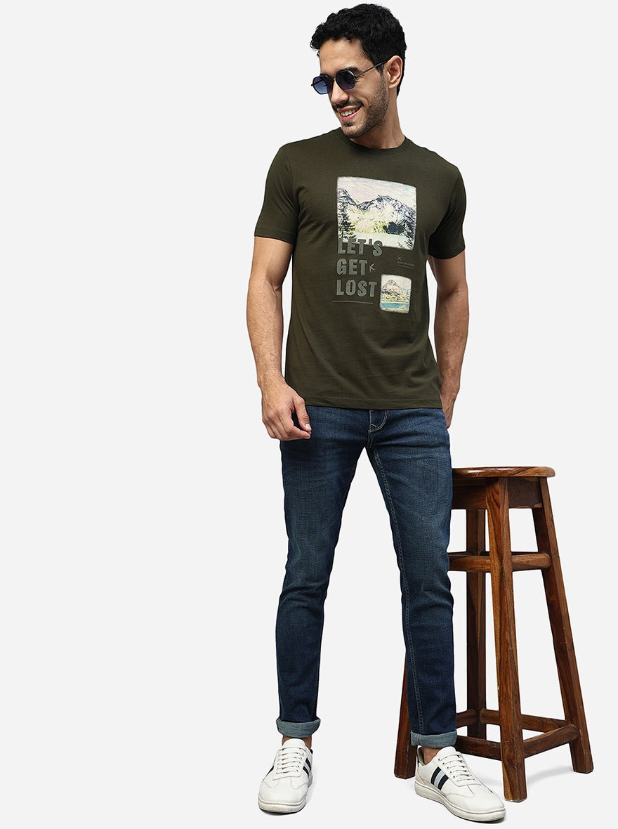Olive Green Printed Slim Fit T-Shirt | Greenfibre