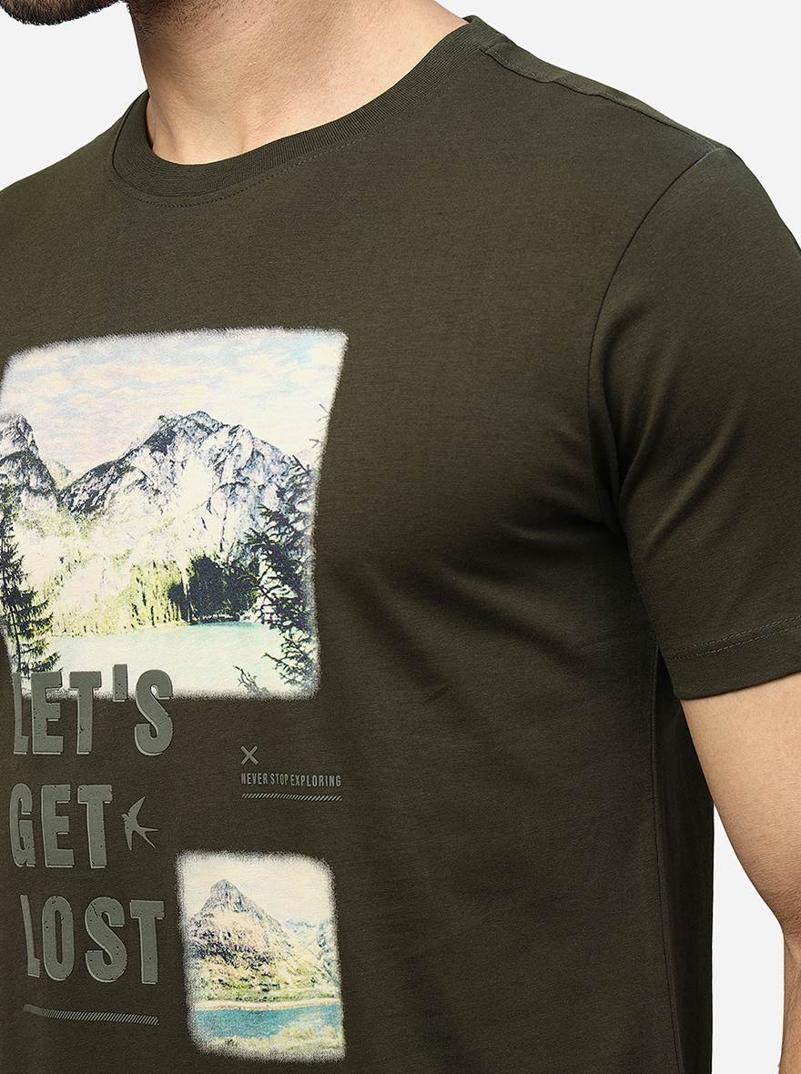 Olive Green Printed Slim Fit T-Shirt | Greenfibre
