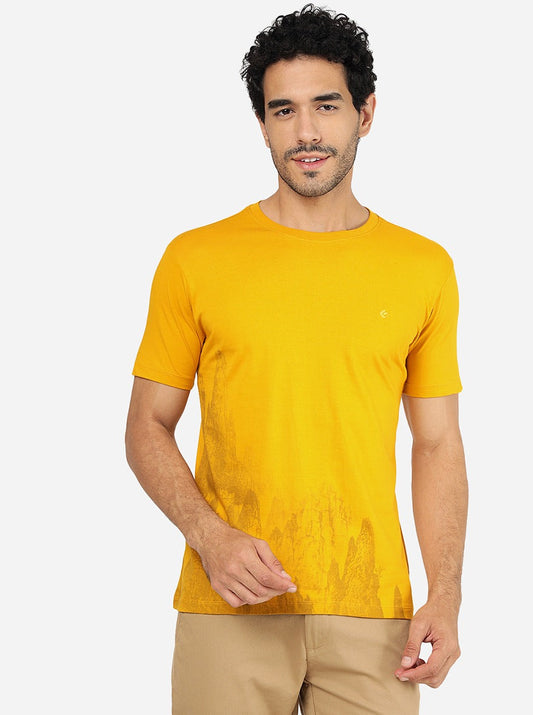 Mustard Yellow Printed Slim Fit T-Shirt | Greenfibre