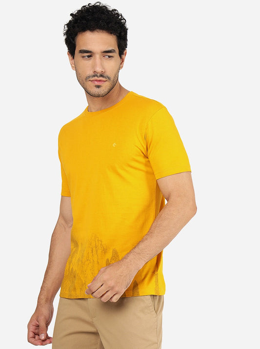 Mustard Yellow Printed Slim Fit T-Shirt | Greenfibre