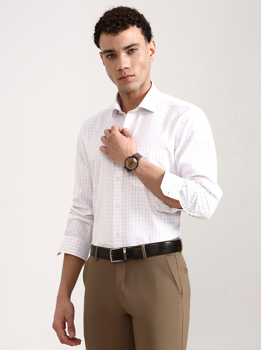 White & Brown Checked Regular Fit Formal Shirt | Greenfibre