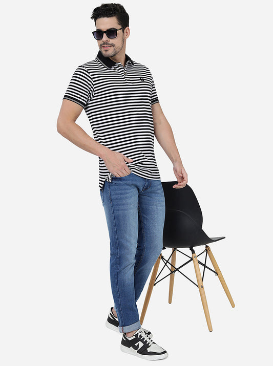 White & Black Striped Slim Fit Polo T-Shirt | Greenfibre