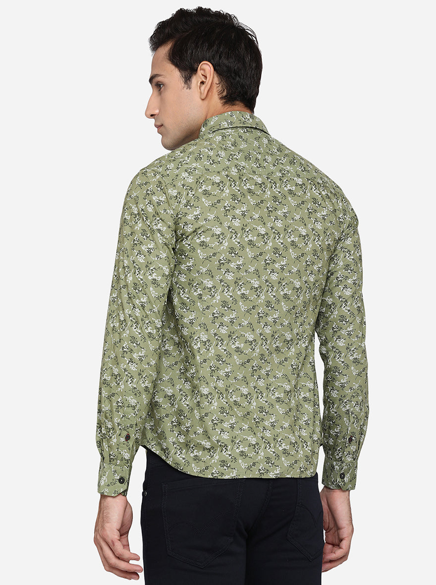 Branch Olive Printed Slim Fit Semi Casual Shirt | Greenfibre