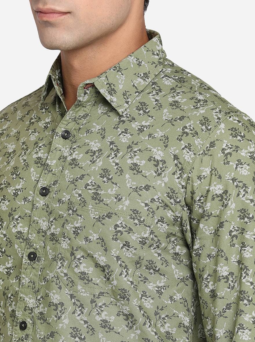 Branch Olive Printed Slim Fit Semi Casual Shirt | Greenfibre