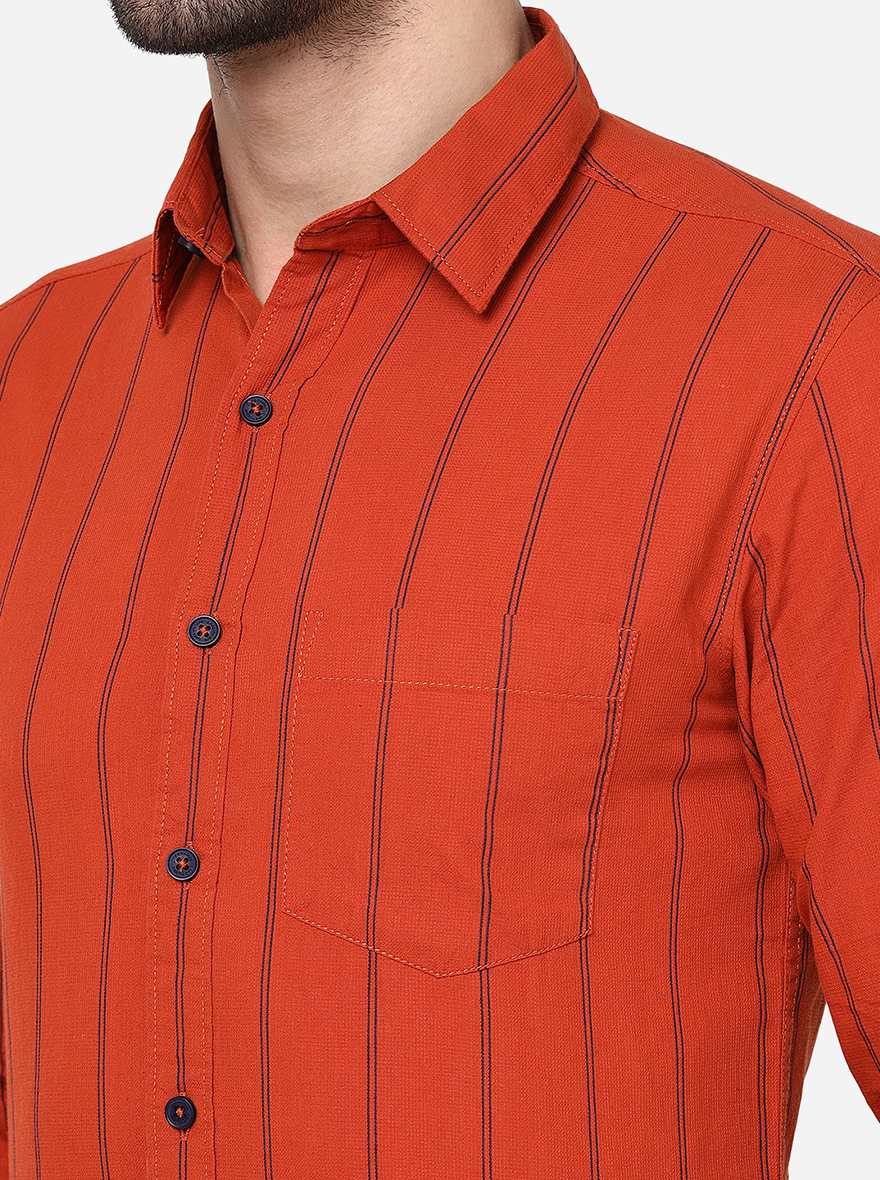 Orange Striped Slim Fit Casual Shirt | Greenfibre