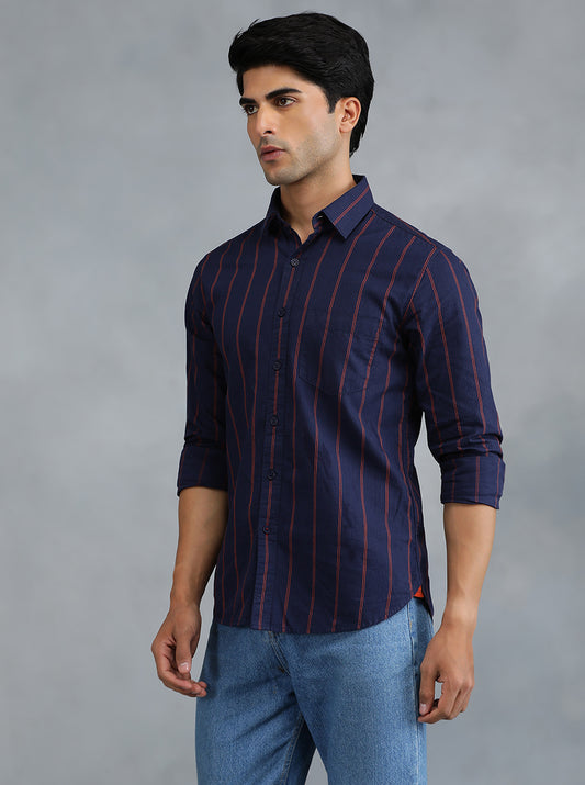Navy Blue Striped Slim Fit Casual Shirt | Greenfibre