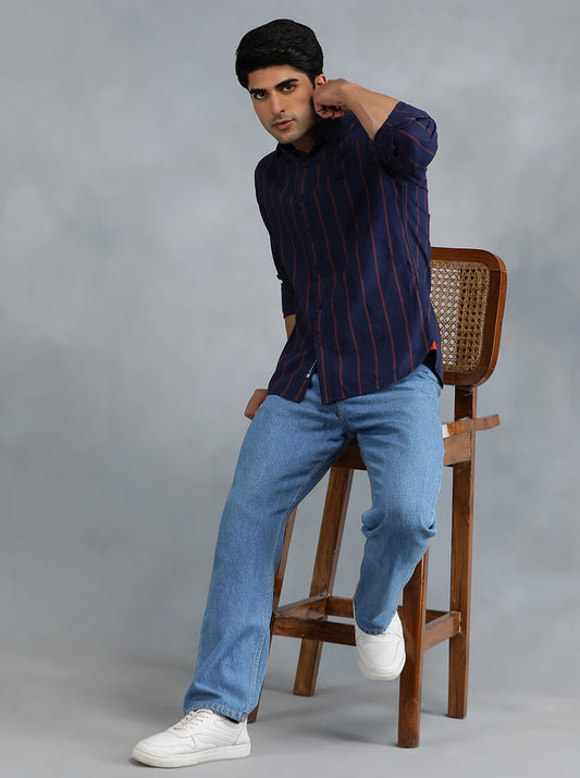 Navy Blue Striped Slim Fit Casual Shirt | Greenfibre